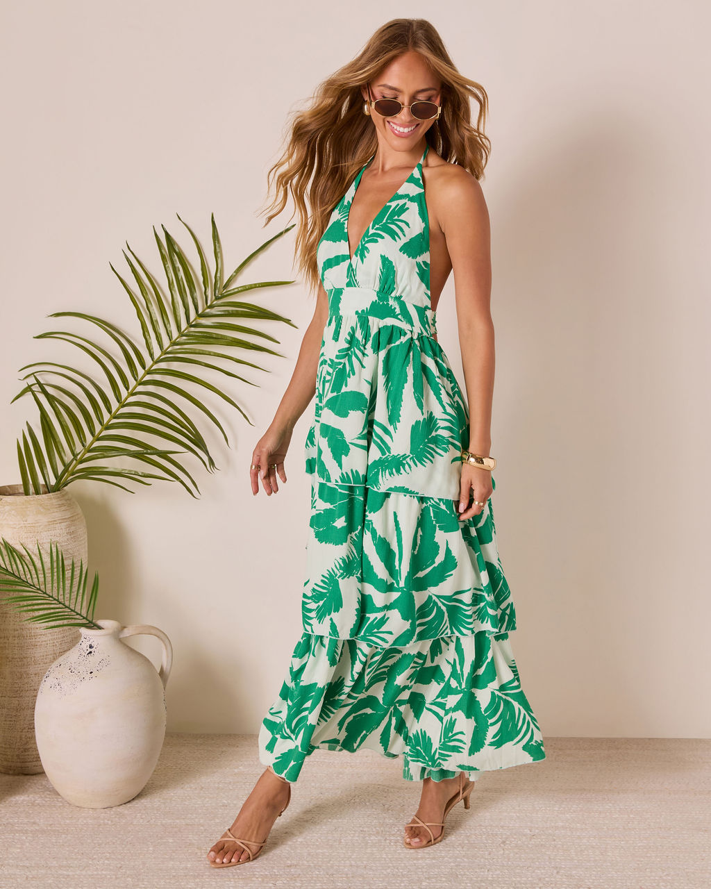 Palm Shade Tiered Maxi Dress-Vogue Logic