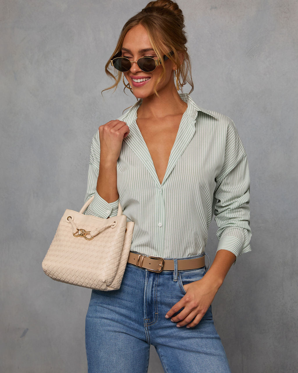 Felina Striped Button Down Top-Vogue Logic