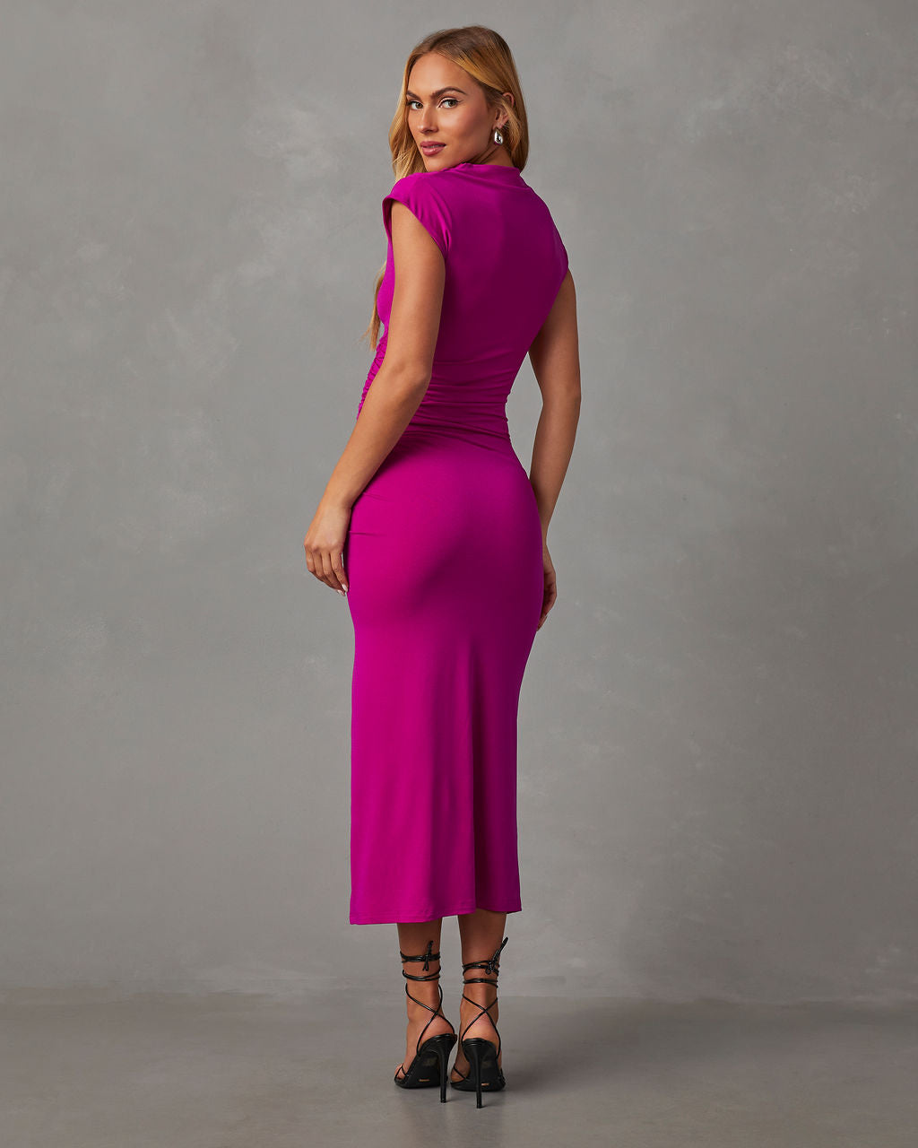 Elisabeth Mock Neck Side Slit Ruched Midi Dress-Vogue Logic