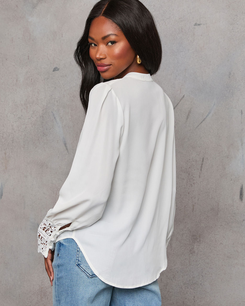 Girl Crush Lace Cuff Button Down Blouse-Vogue Logic