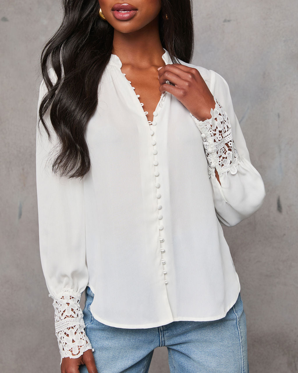 Girl Crush Lace Cuff Button Down Blouse-Vogue Logic