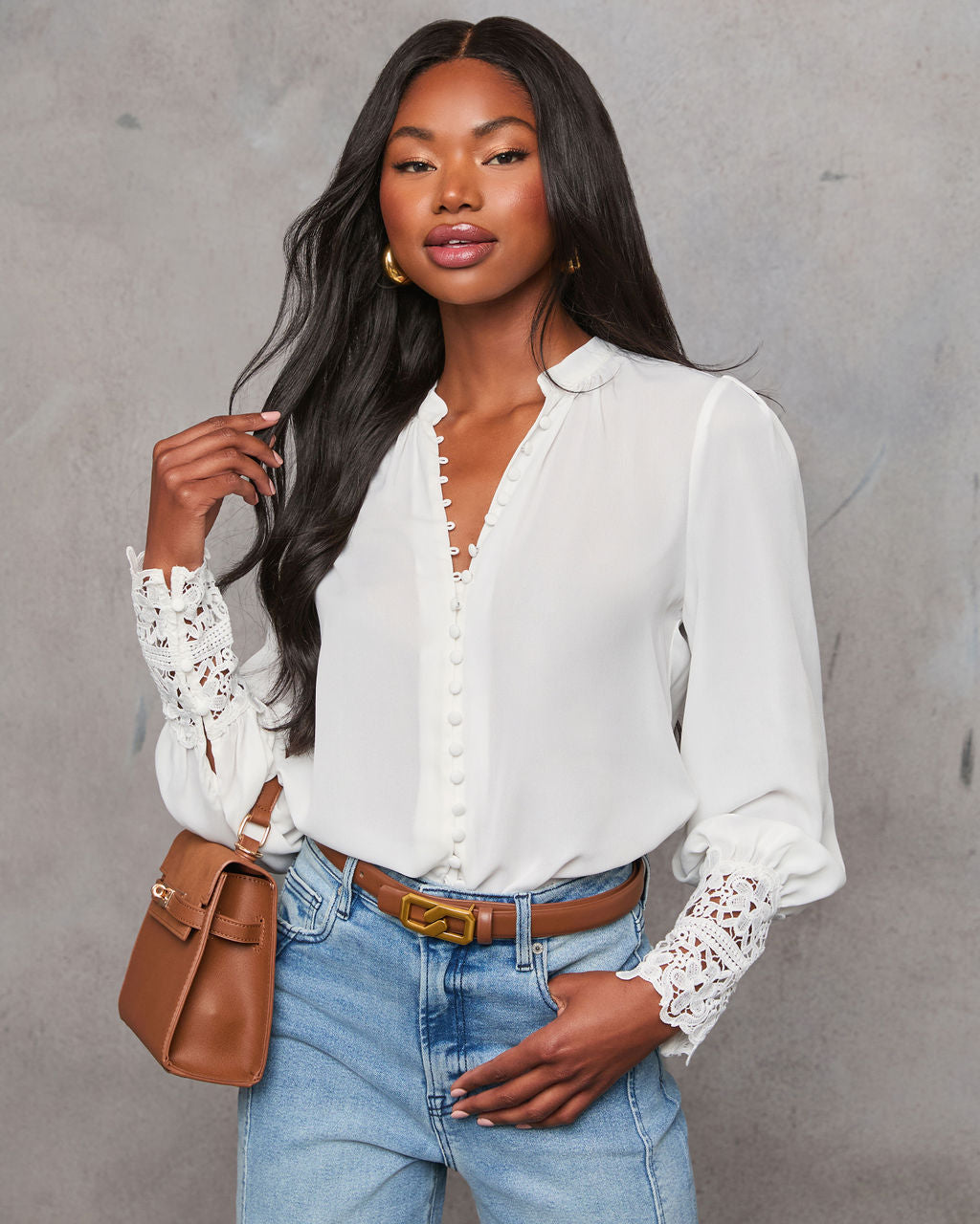 Girl Crush Lace Cuff Button Down Blouse-Vogue Logic