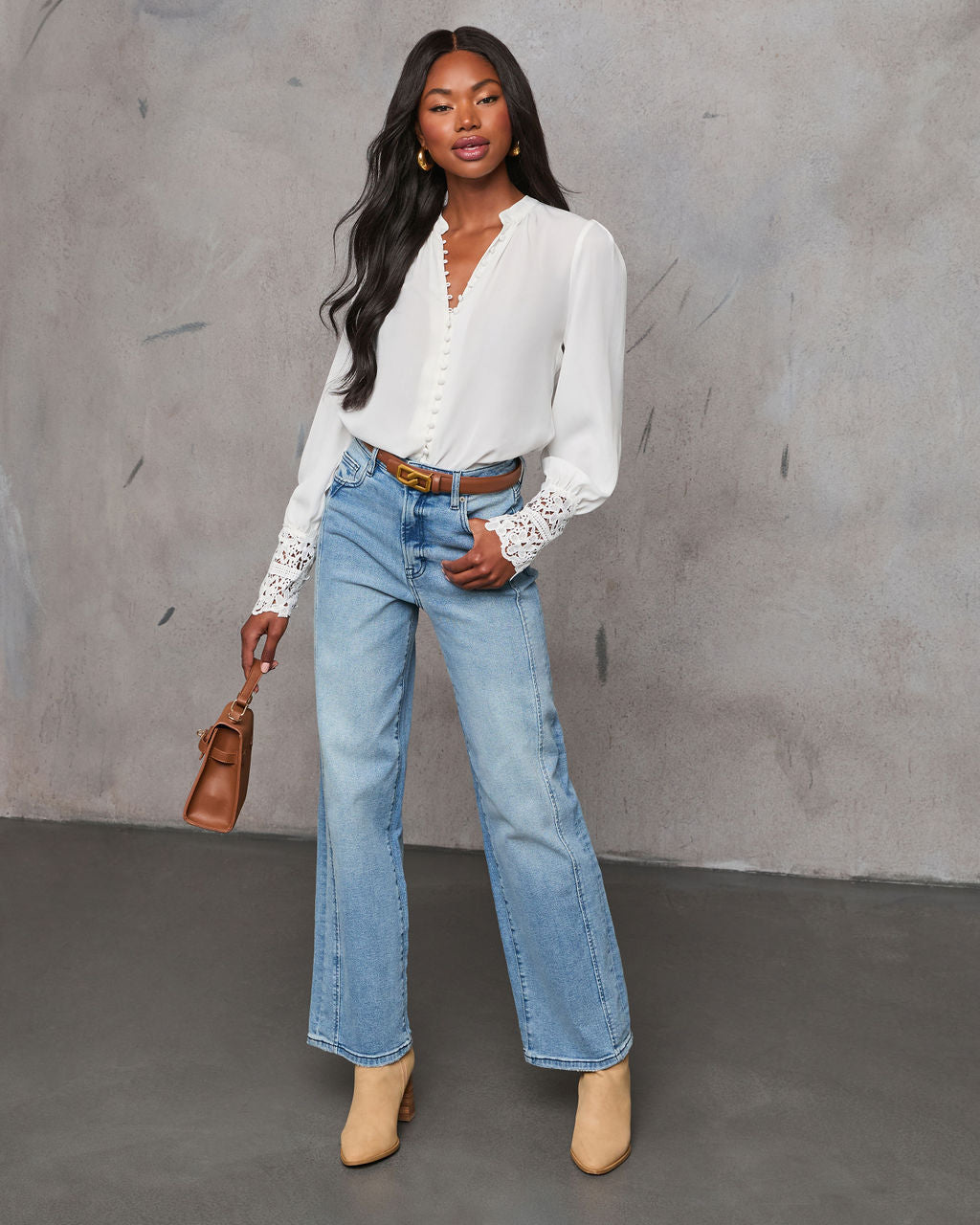 Girl Crush Lace Cuff Button Down Blouse-Vogue Logic