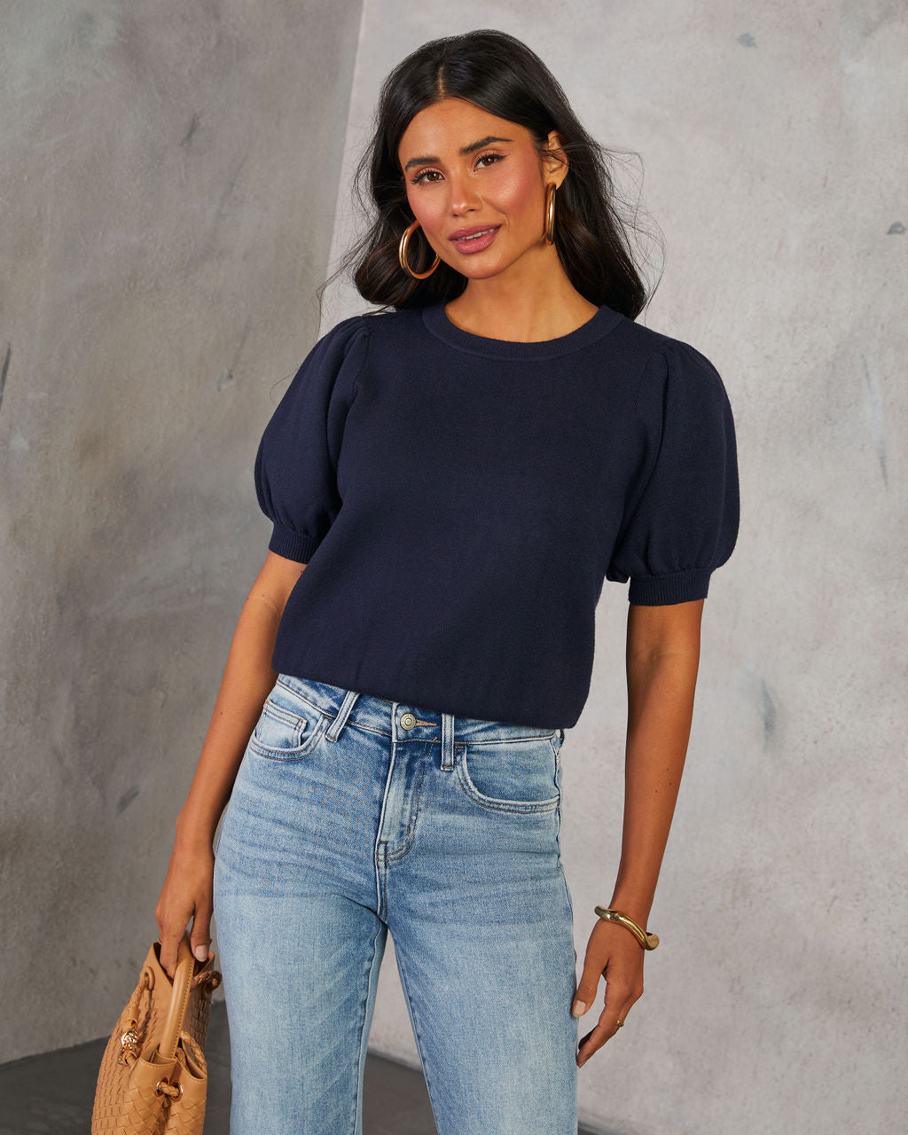 Livia Puff Sleeve Knit Sweater Top-Vogue Logic