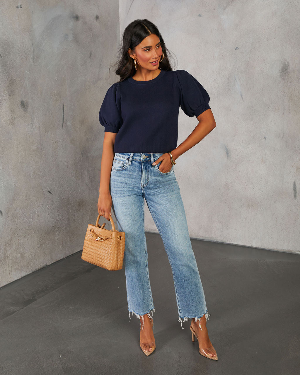 Livia Puff Sleeve Knit Sweater Top-Vogue Logic