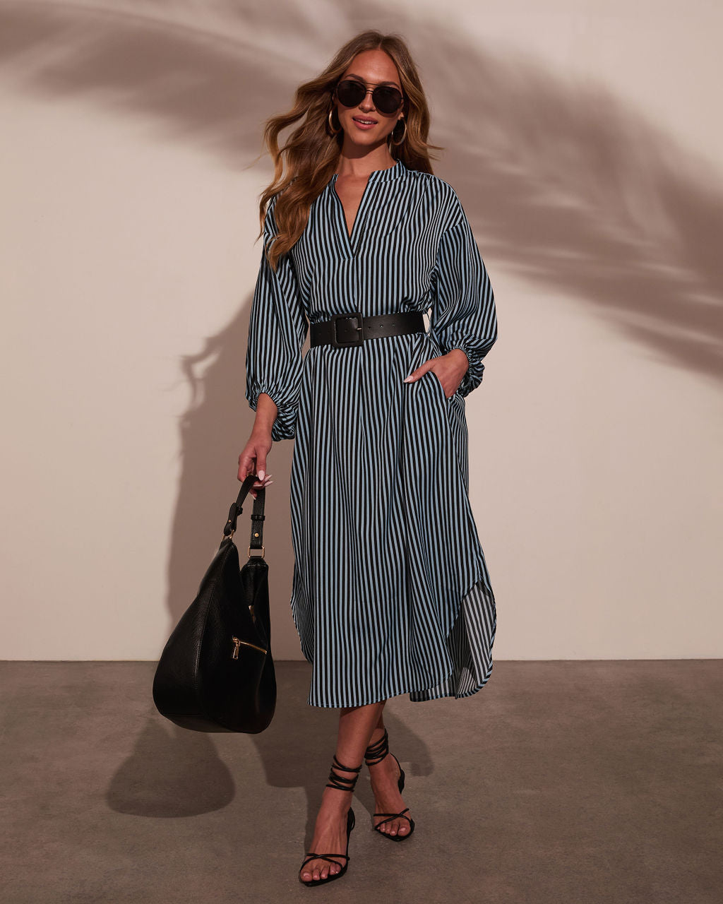 Dimarco Striped Pocketed Belted Midi Dress-Vogue Logic