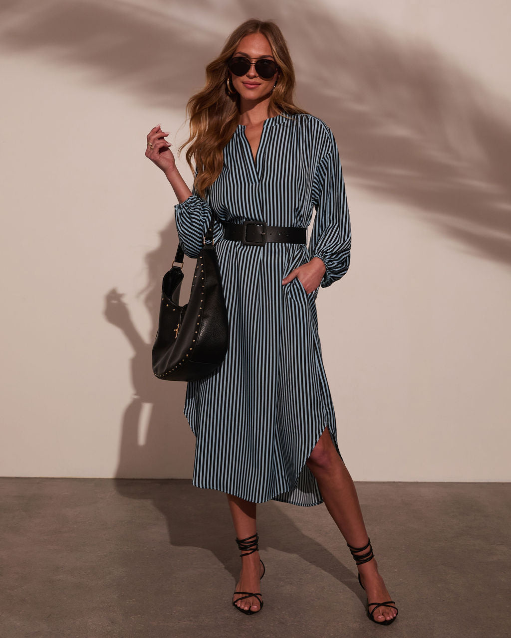 Dimarco Striped Pocketed Belted Midi Dress-Vogue Logic