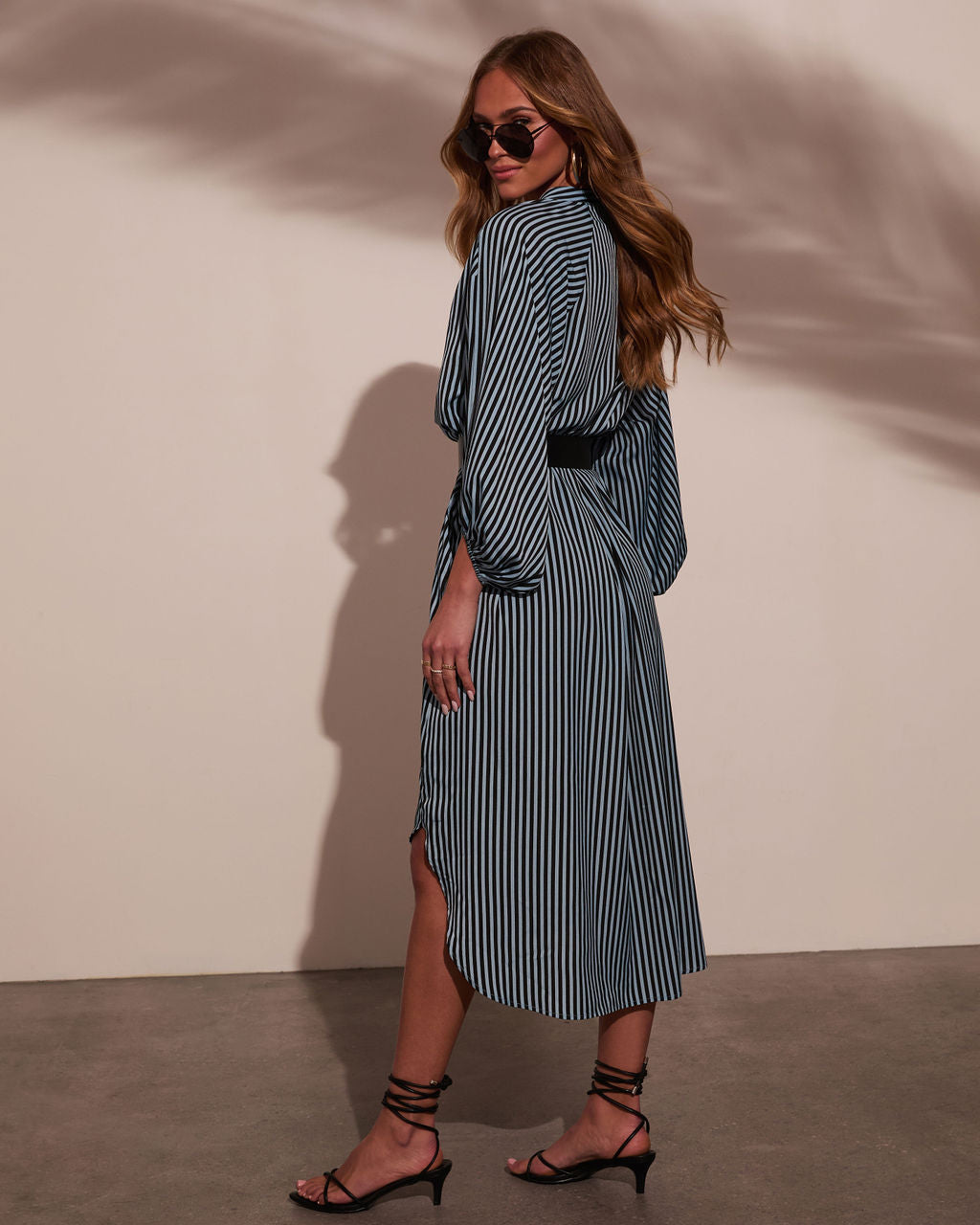 Dimarco Striped Pocketed Belted Midi Dress-Vogue Logic