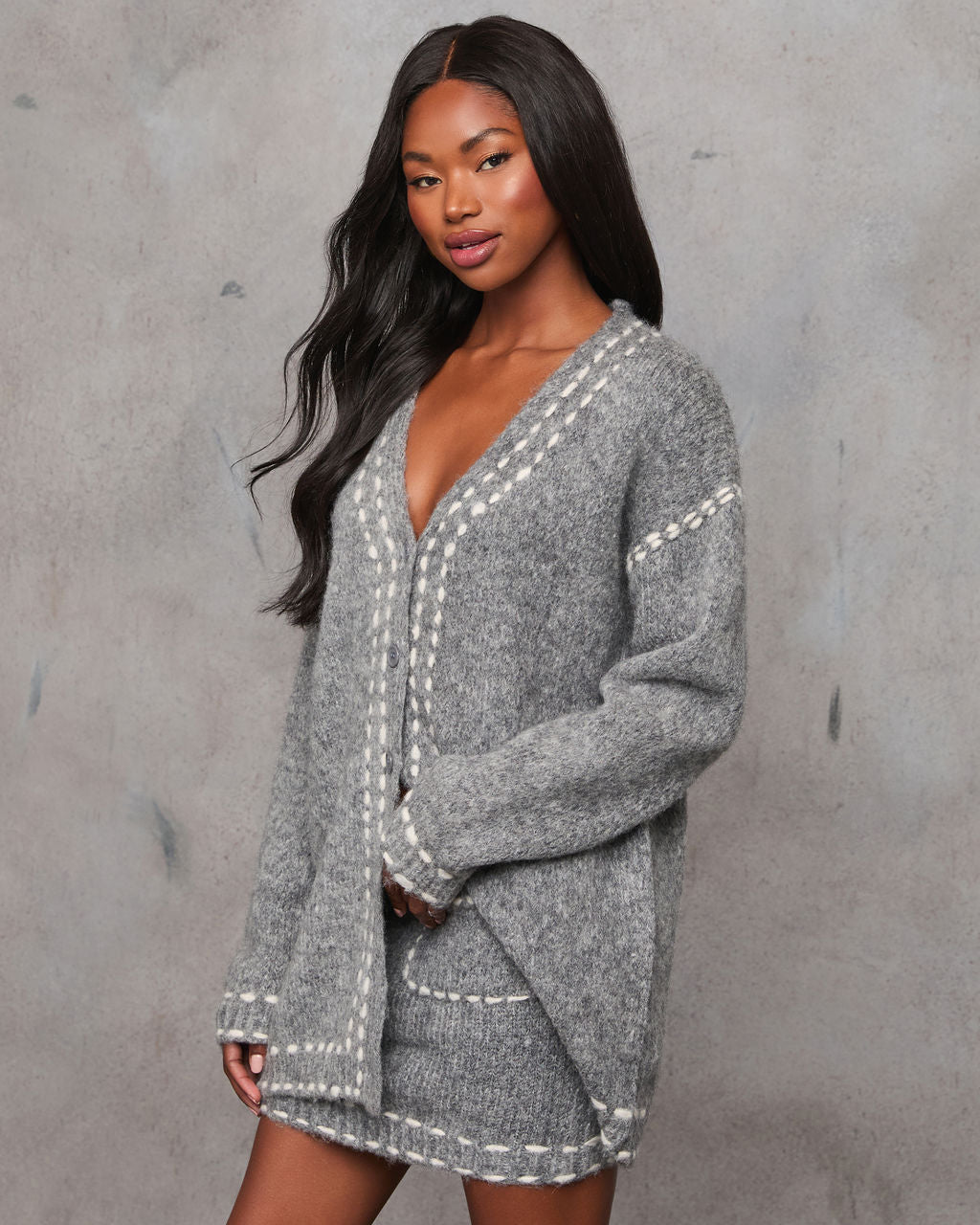 Posy Contrast Stitching Long Sleeve Cardigan-Vogue Logic