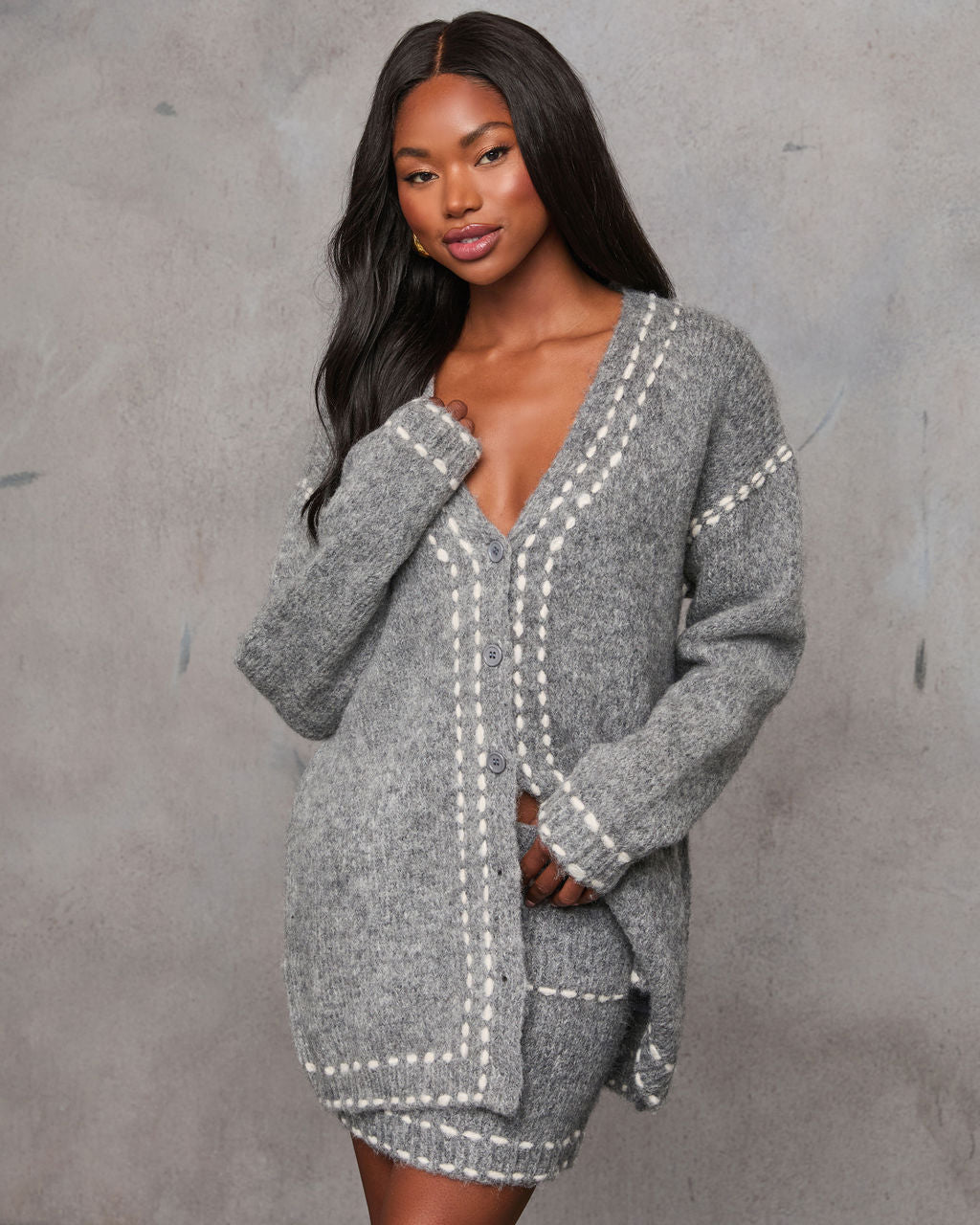 Posy Contrast Stitching Long Sleeve Cardigan-Vogue Logic