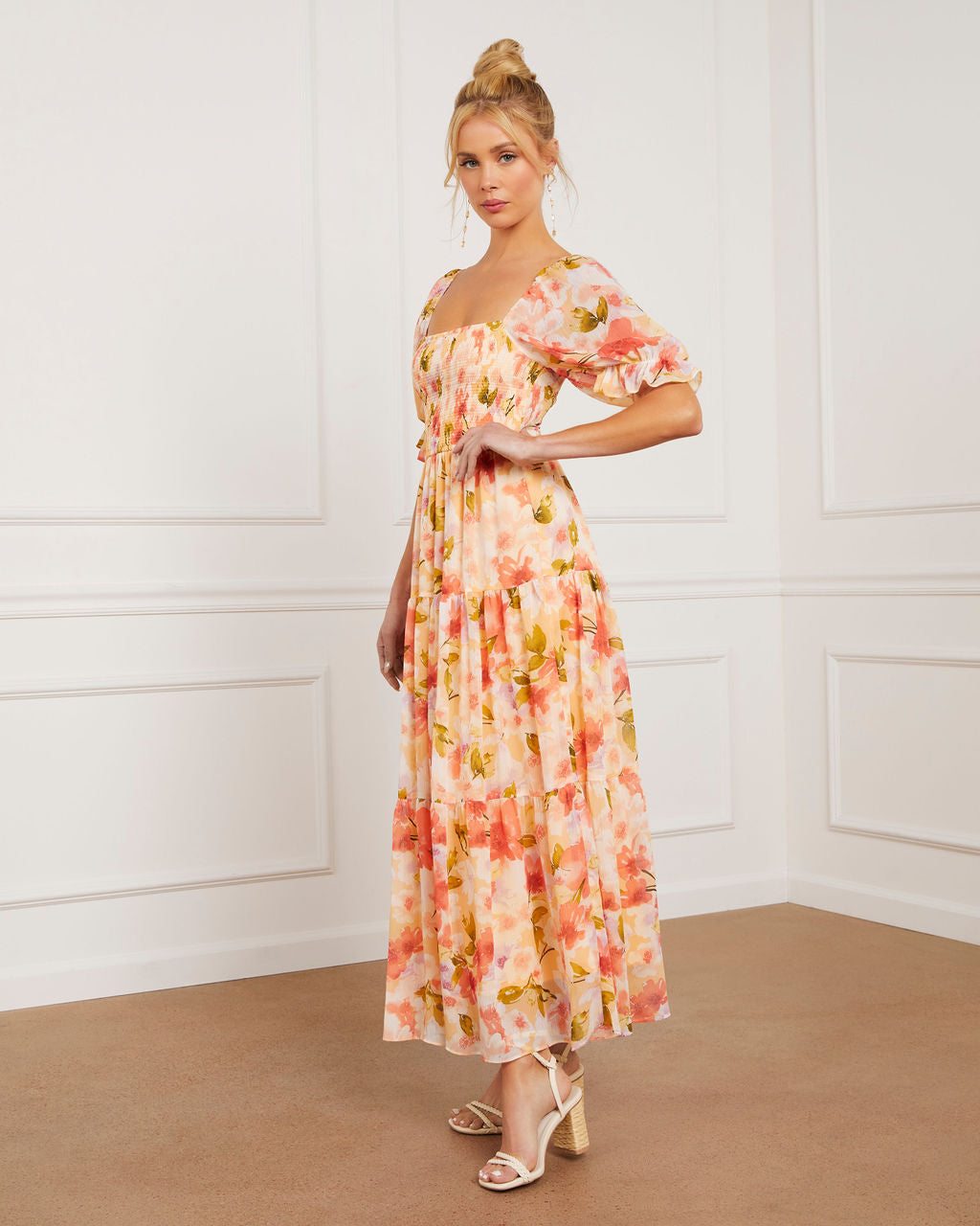 Floral Fantasy Skies Smocked Tiered Puff Sleeve Maxi Dress-Vogue Logic