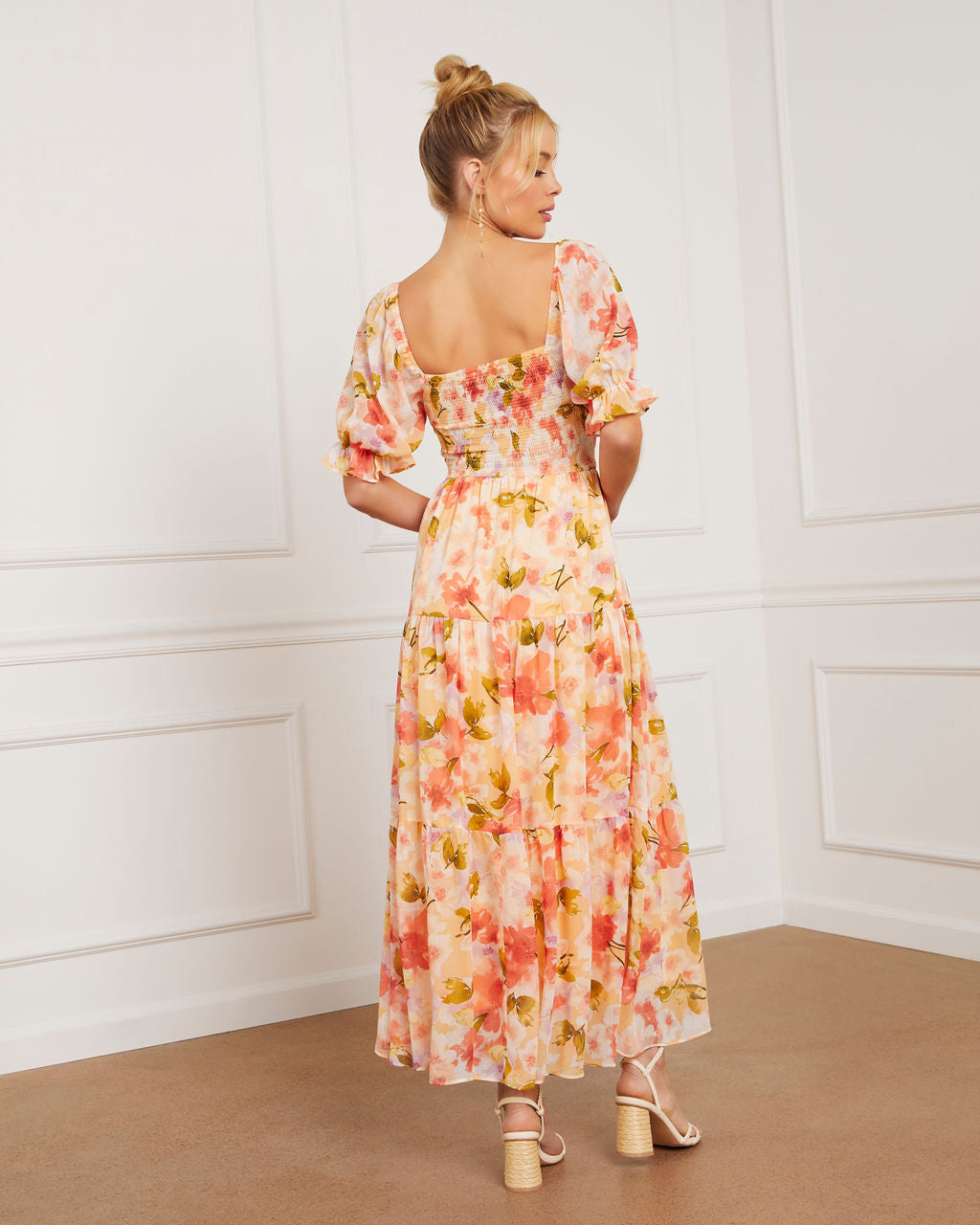 Floral Fantasy Skies Smocked Tiered Puff Sleeve Maxi Dress-Vogue Logic
