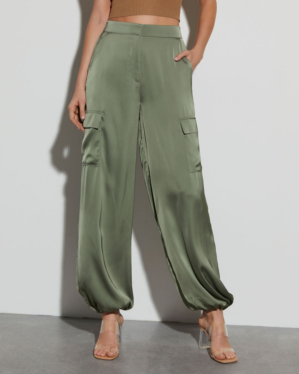 Alana Pocketed Satin Cargo Joggers-Vogue Logic