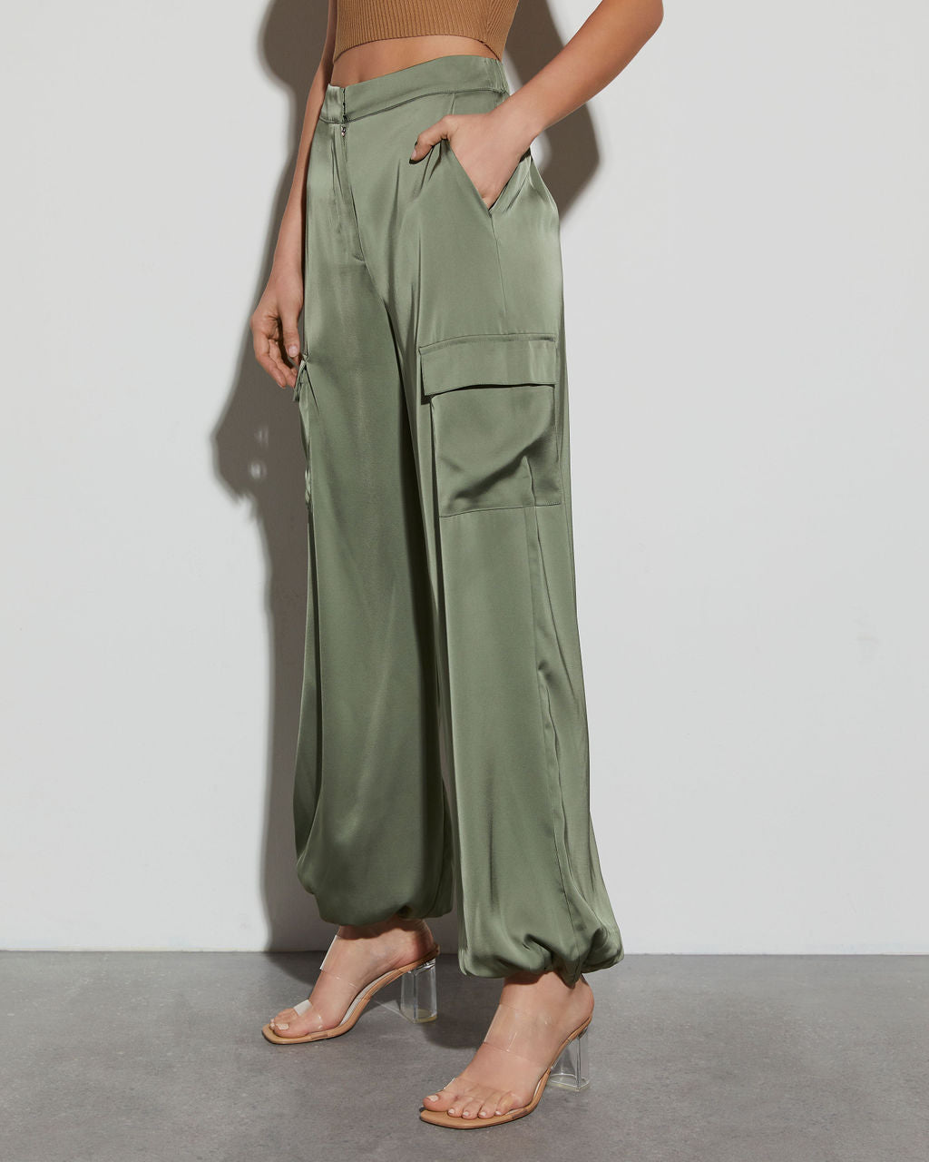 Alana Pocketed Satin Cargo Joggers-Vogue Logic