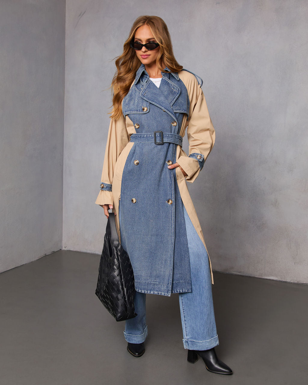 Fallen Oak Color Block Denim Trench Coat-Vogue Logic