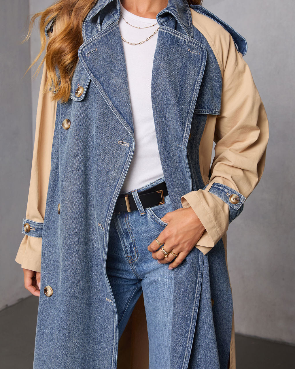 Fallen Oak Color Block Denim Trench Coat-Vogue Logic