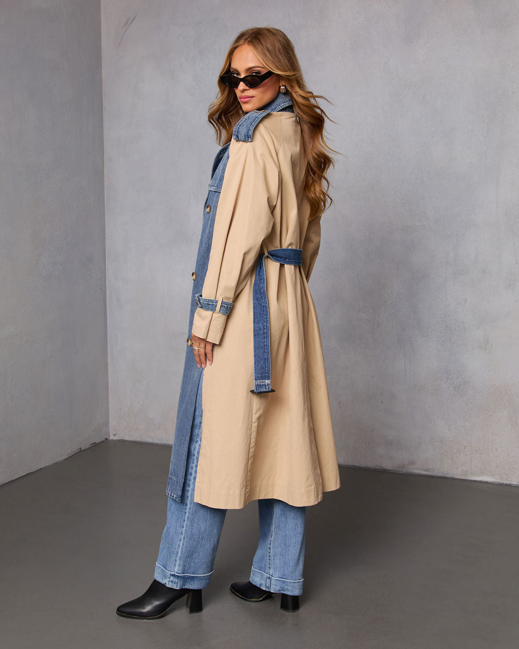 Fallen Oak Color Block Denim Trench Coat-Vogue Logic