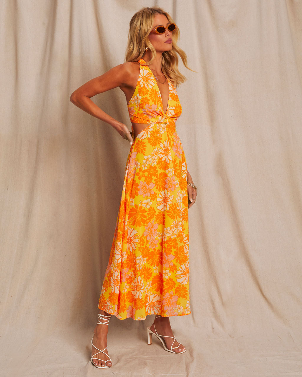 Newport Printed Halter Neck Cutout Midi Dress-Vogue Logic