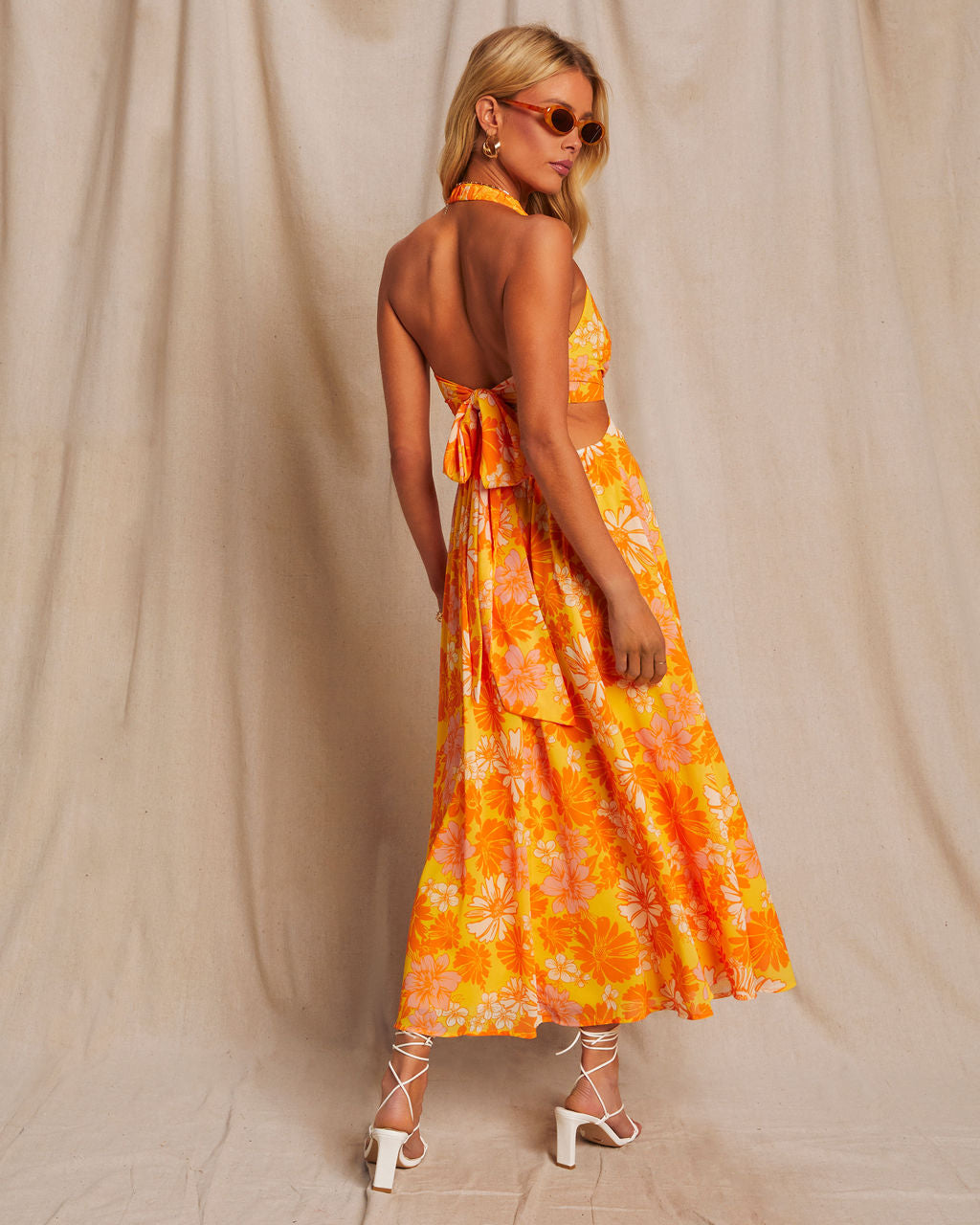 Newport Printed Halter Neck Cutout Midi Dress-Vogue Logic