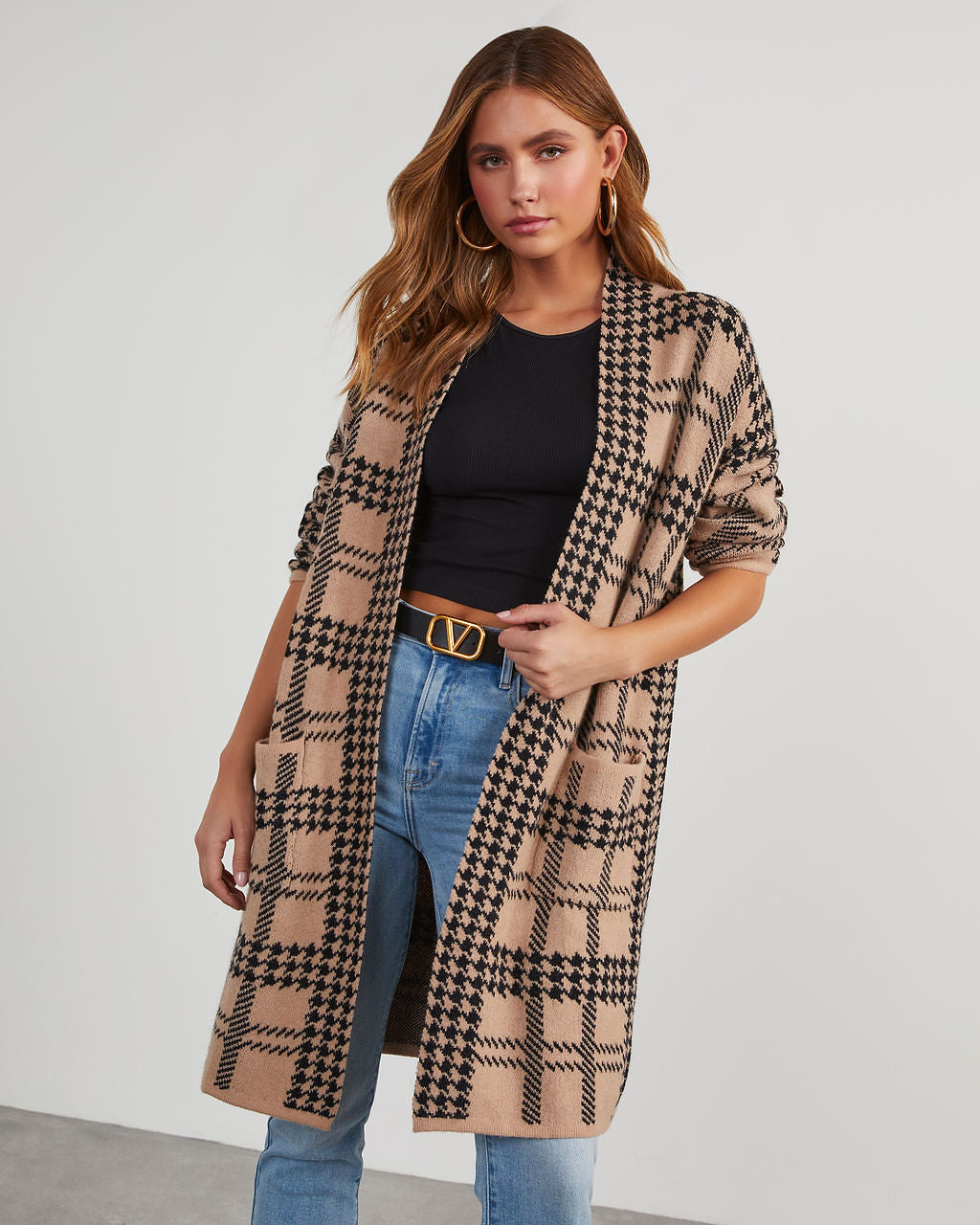 Fair And Square Plaid Pocketed Cardigan-Vogue Logic