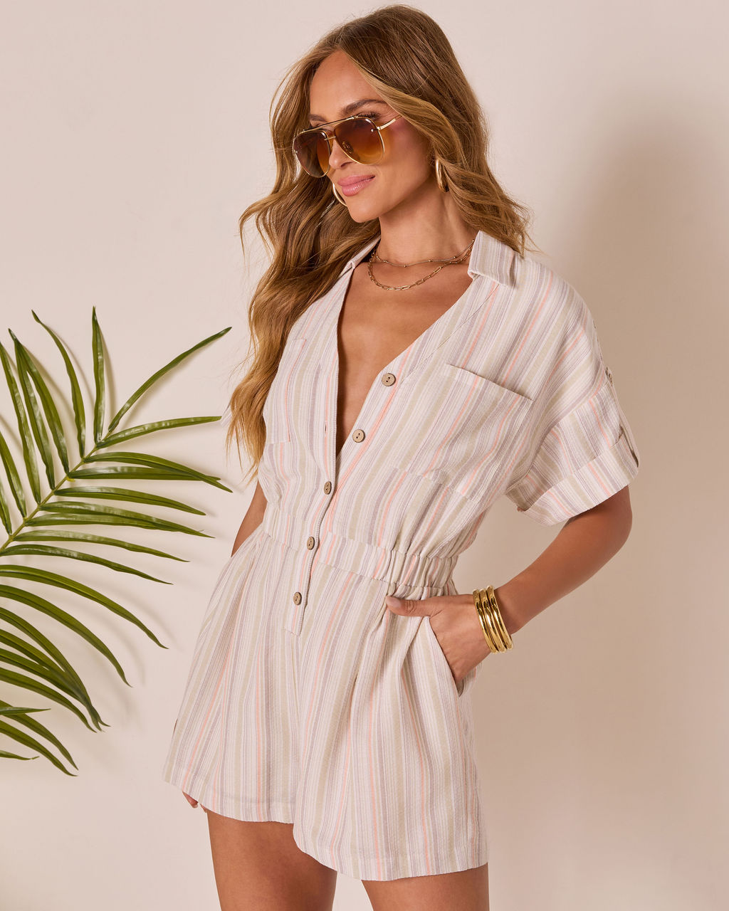 Sunbound Striped Collared Romper-Vogue Logic