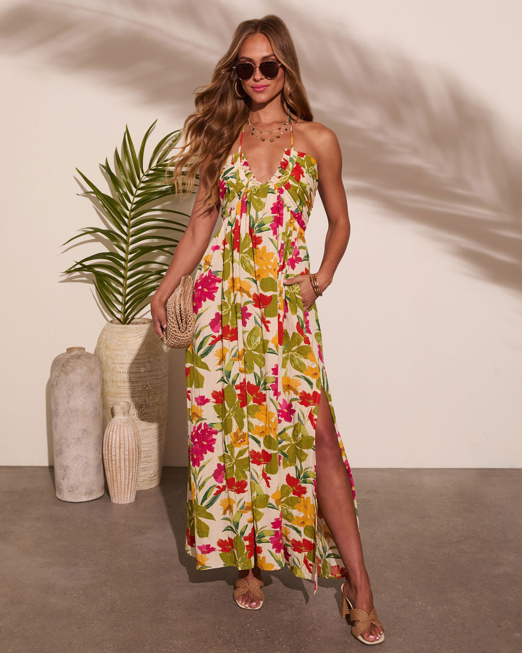 Honolulu Halter Tropical Print Maxi Dress-Vogue Logic