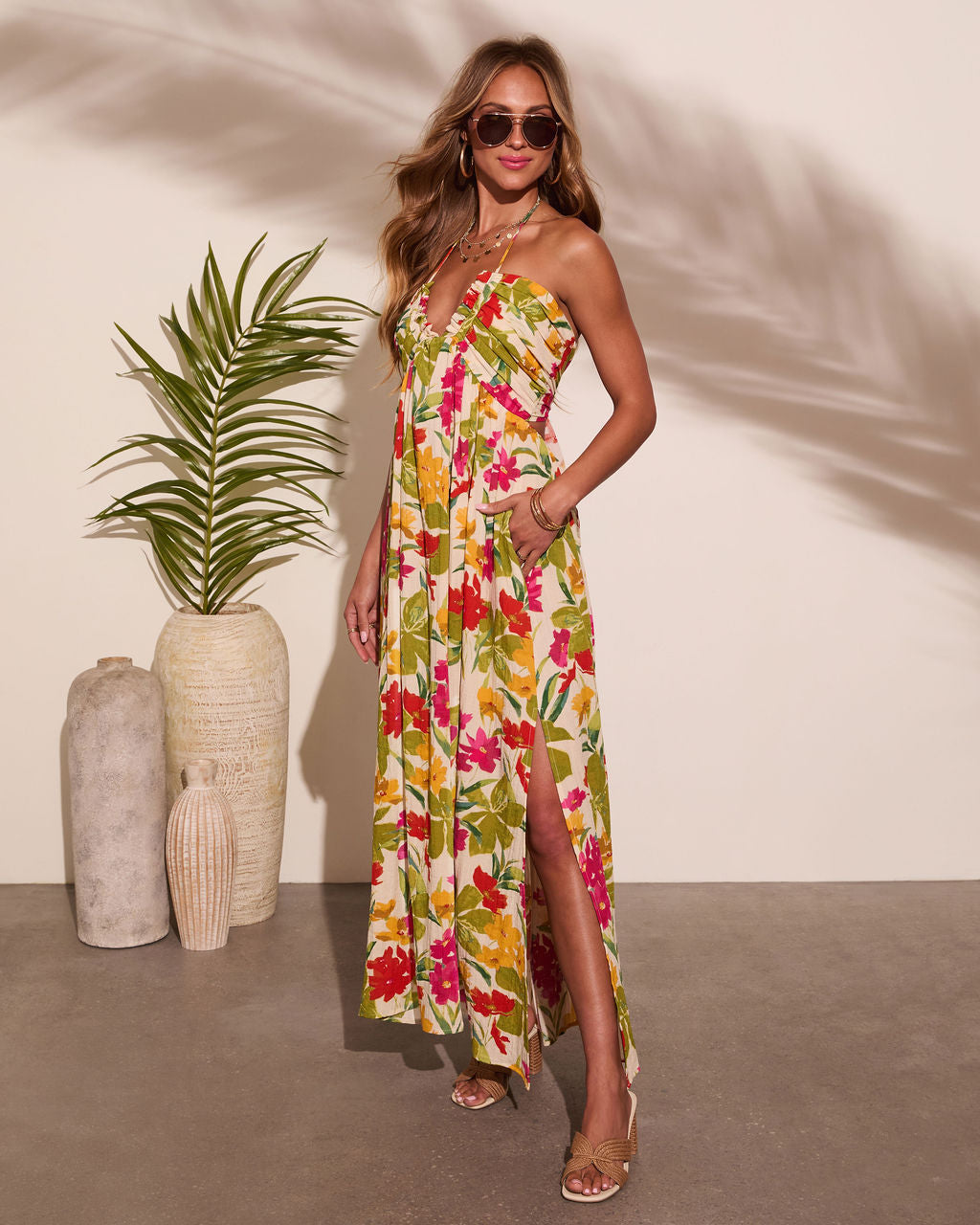 Honolulu Halter Tropical Print Maxi Dress-Vogue Logic