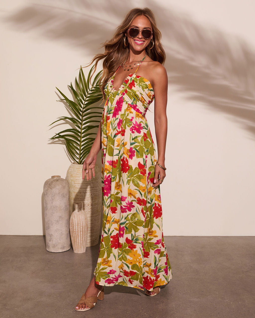 Honolulu Halter Tropical Print Maxi Dress-Vogue Logic