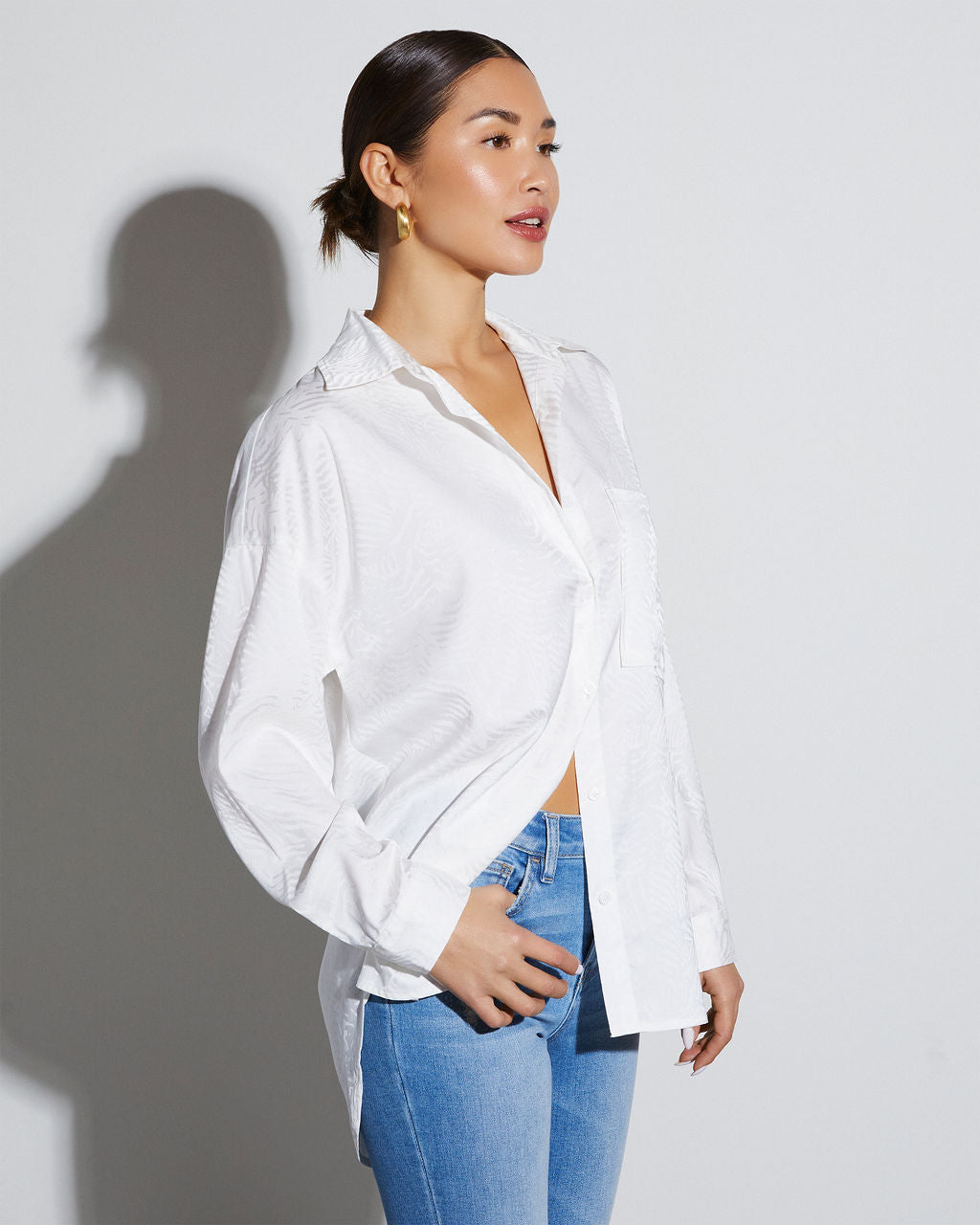 Sherlyn Satin Embossed Button Down Top-Vogue Logic