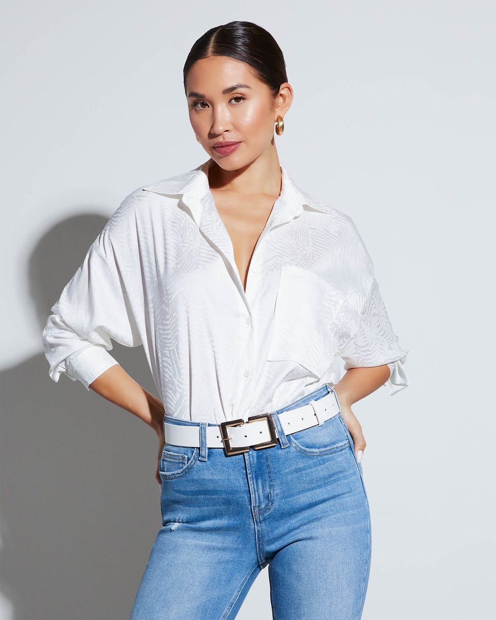 Sherlyn Satin Embossed Button Down Top-Vogue Logic