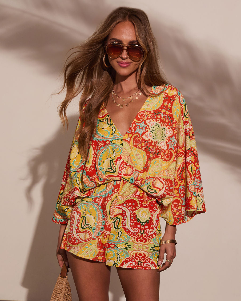 Sunset Gleam Abstract Kimono Sleeve Romper-Vogue Logic