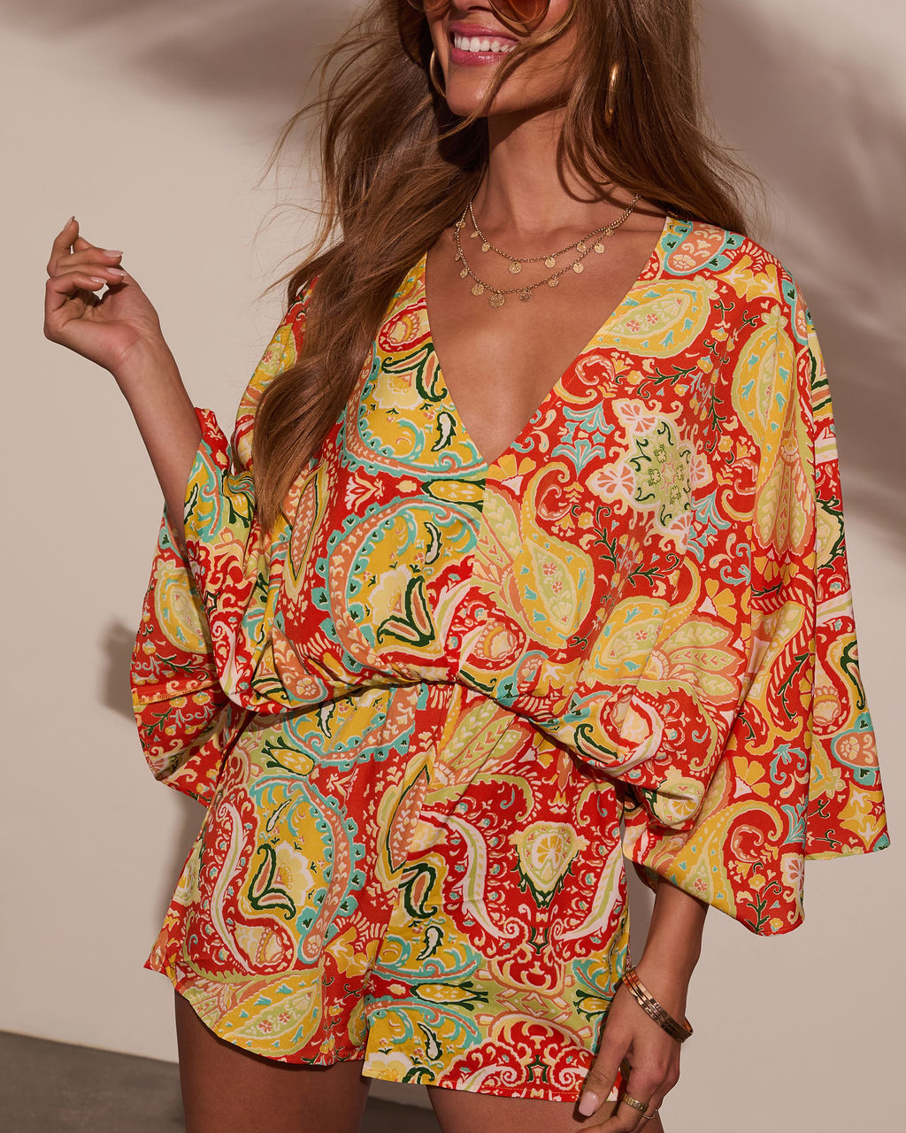 Sunset Gleam Abstract Kimono Sleeve Romper-Vogue Logic
