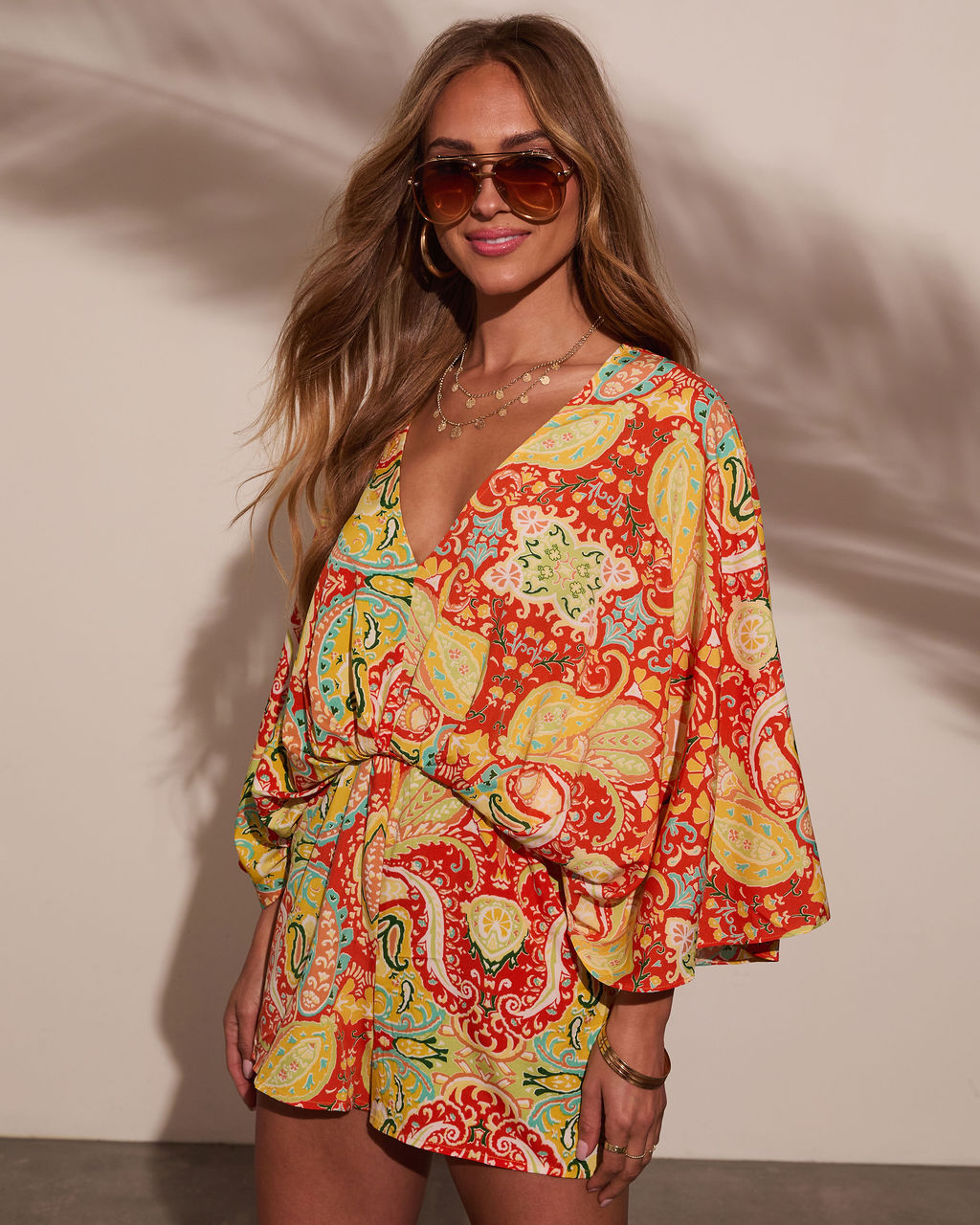 Sunset Gleam Abstract Kimono Sleeve Romper-Vogue Logic
