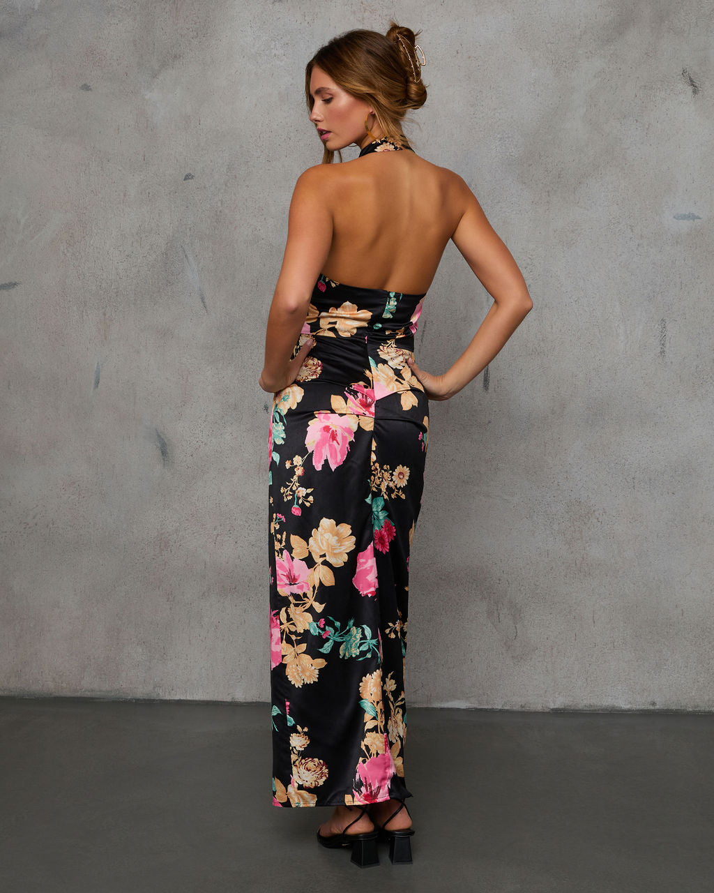Paritza Floral Halter Neck Satin Maxi Dress-Vogue Logic