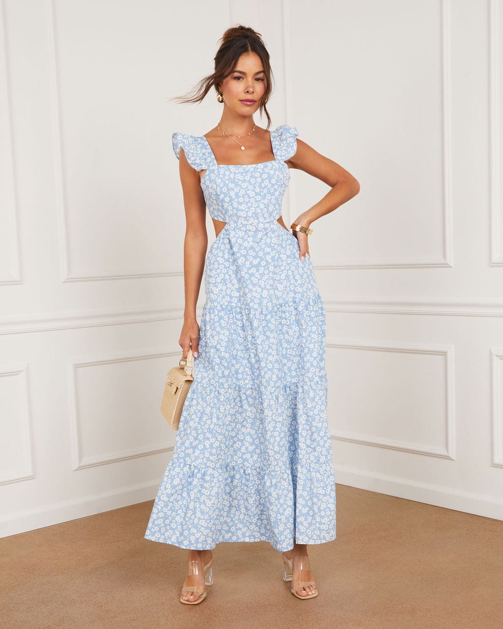 Cordelia Tiered Cut Out Back Floral Maxi Dress-Vogue Logic