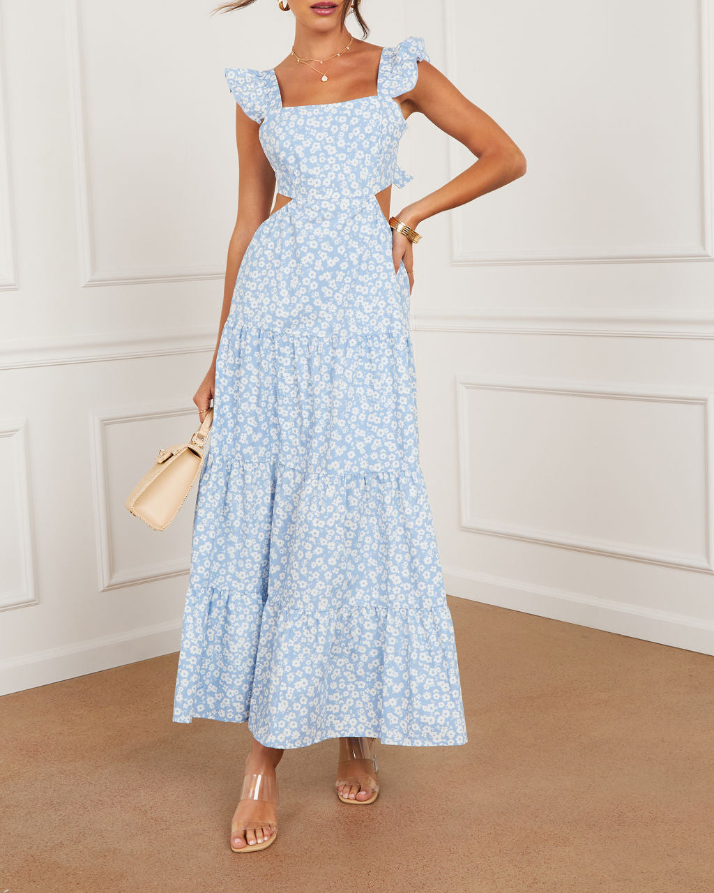 Cordelia Tiered Cut Out Back Floral Maxi Dress-Vogue Logic