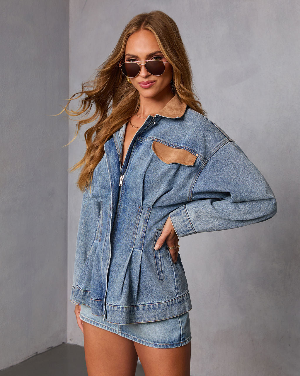 Amber Field Suede Trim Denim Barn Jacket-Vogue Logic