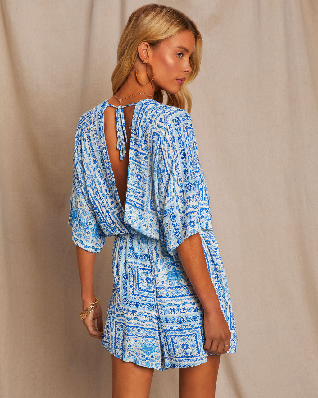 Majorca Printed Short Sleeve Pocketed Romper-Vogue Logic
