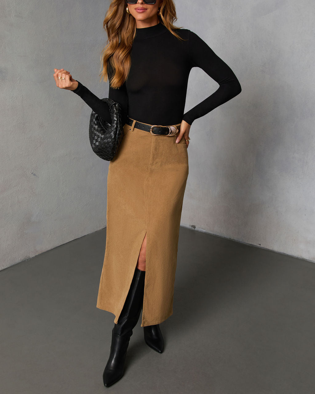 Ganita Corduroy Slit Midi Skirt-Vogue Logic