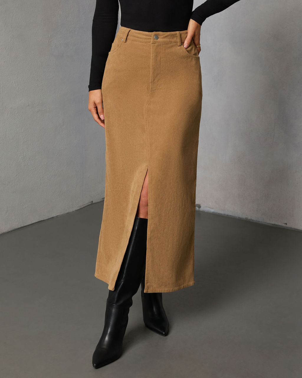 Ganita Corduroy Slit Midi Skirt-Vogue Logic