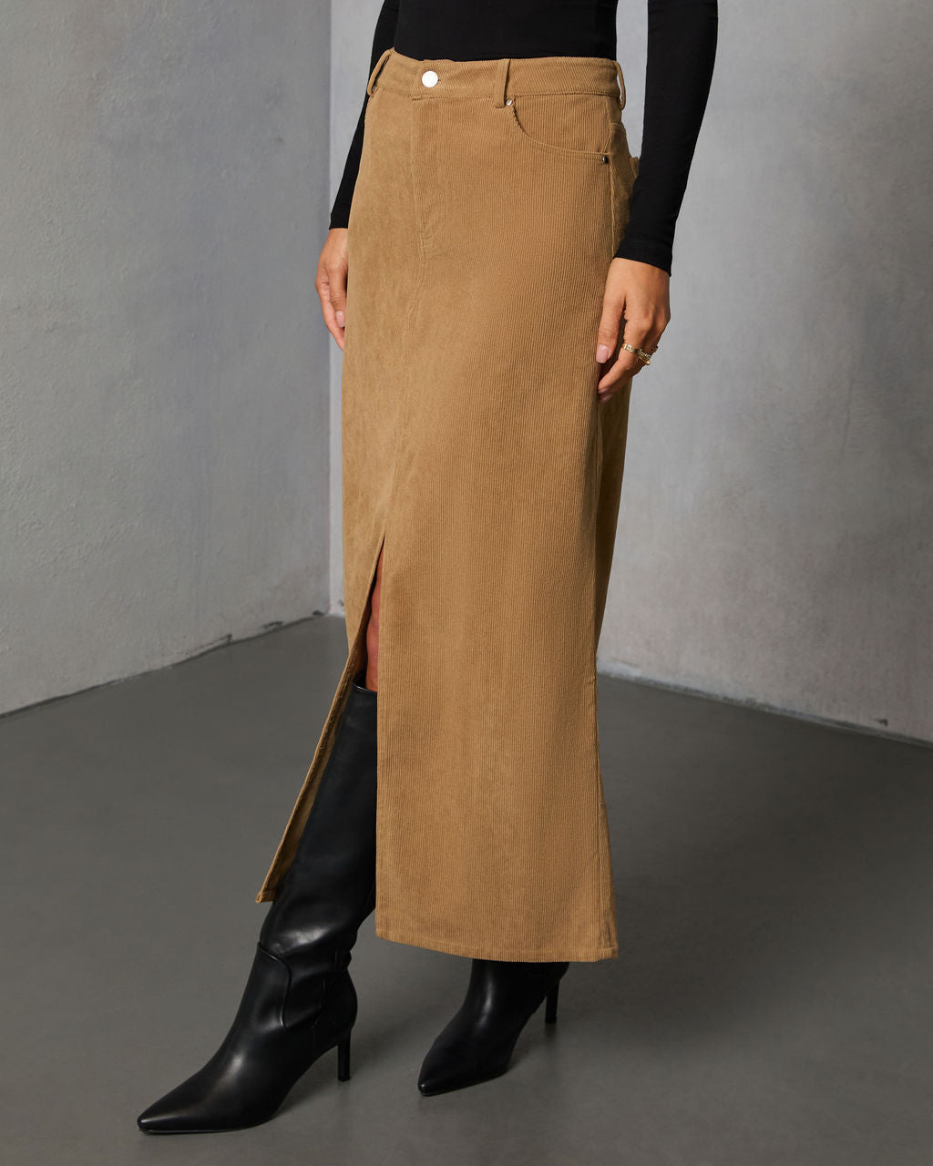 Ganita Corduroy Slit Midi Skirt-Vogue Logic