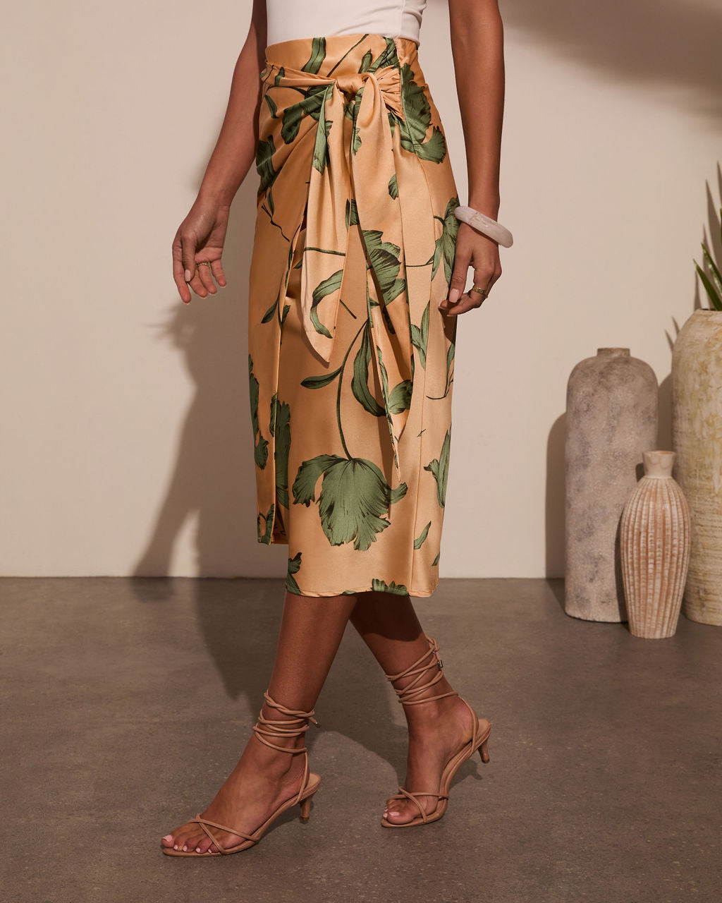 Sunlit Tropics Satin Wrap Midi Skirt-Vogue Logic