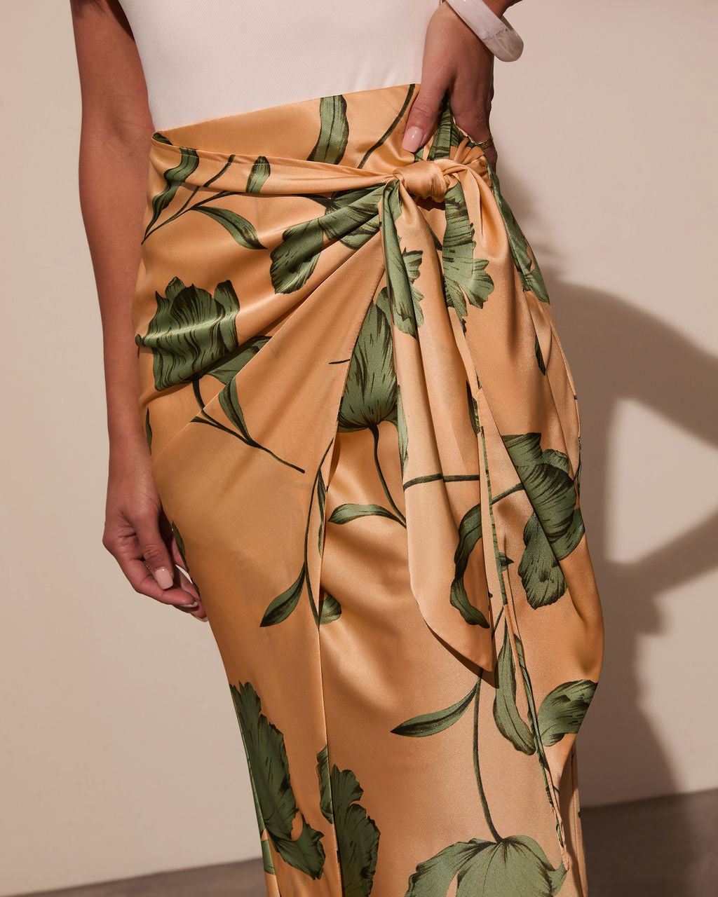 Sunlit Tropics Satin Wrap Midi Skirt-Vogue Logic