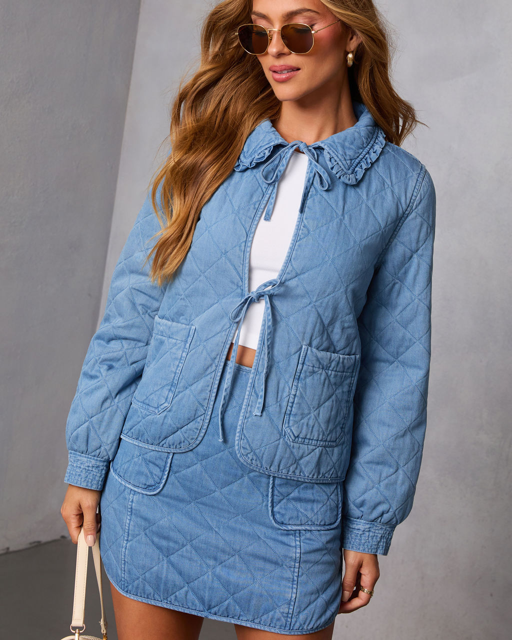 Roisin Front Tie Quilted Denim Jacket-Vogue Logic