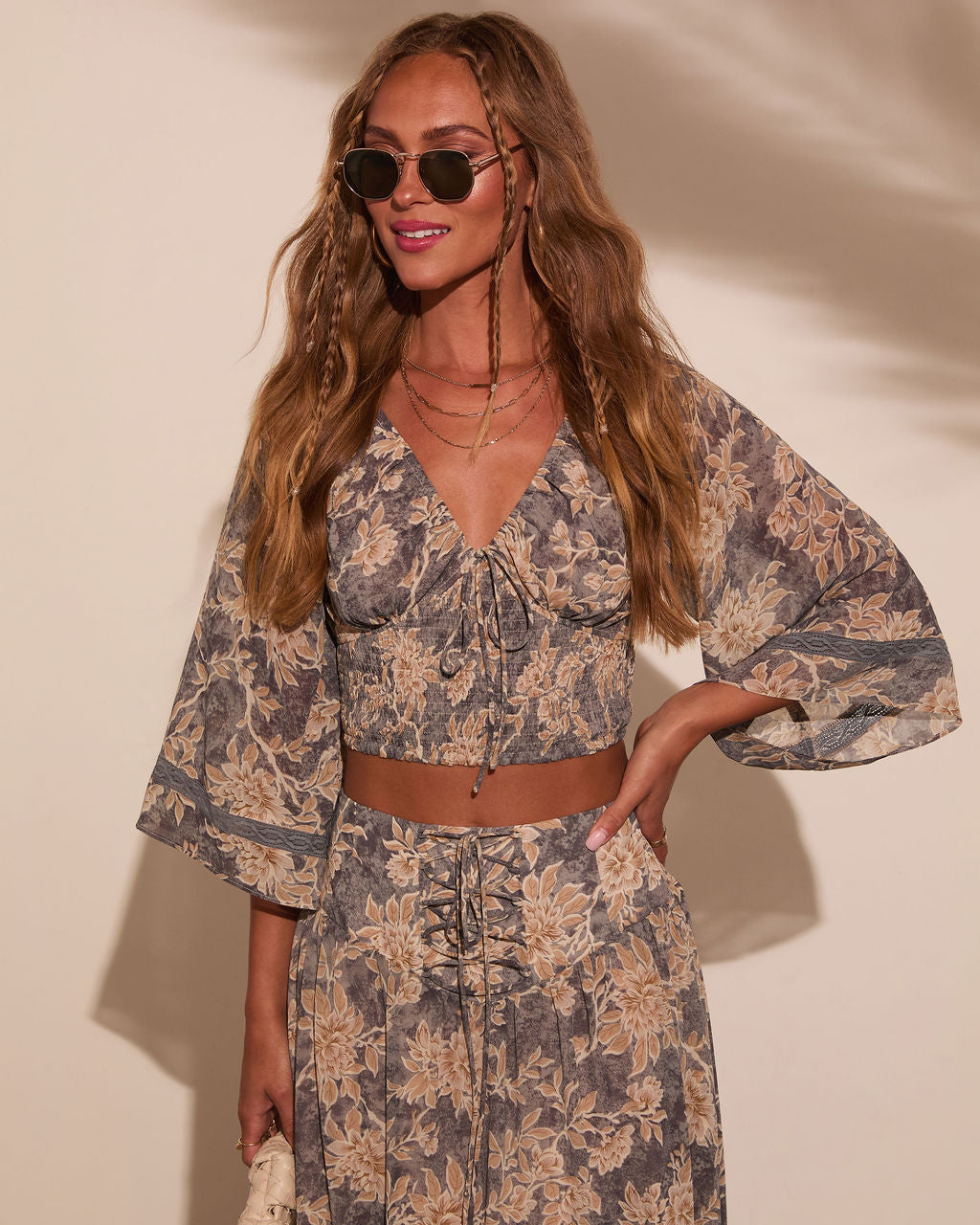 Moonlit Bloom Bust Tie Peasant Top-Vogue Logic