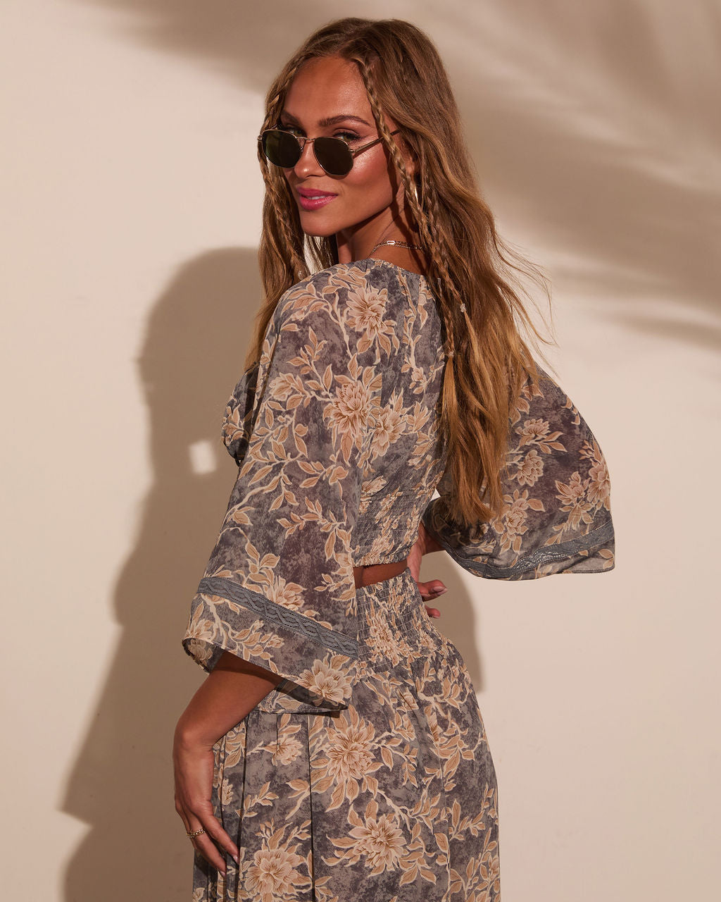 Moonlit Bloom Bust Tie Peasant Top-Vogue Logic