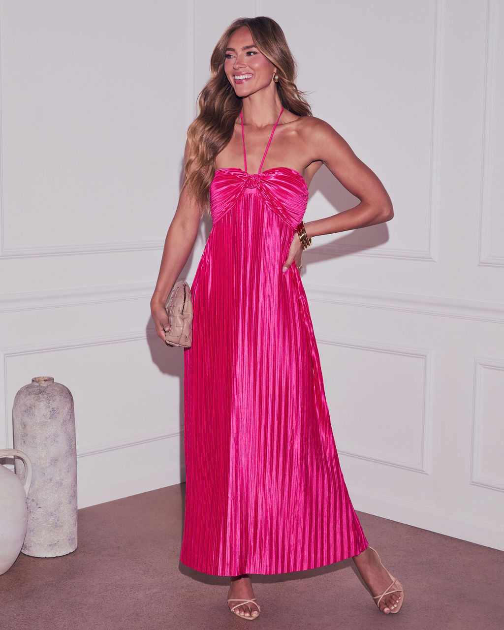 Raise A Toast Satin Plisse Halter Maxi Dress-Vogue Logic