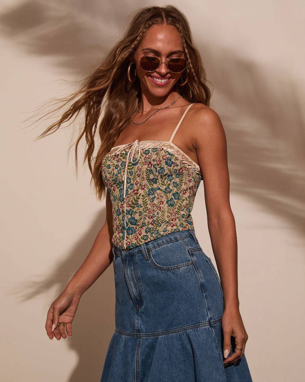 Rema Floral Bustier Metallic Trim Top-Vogue Logic