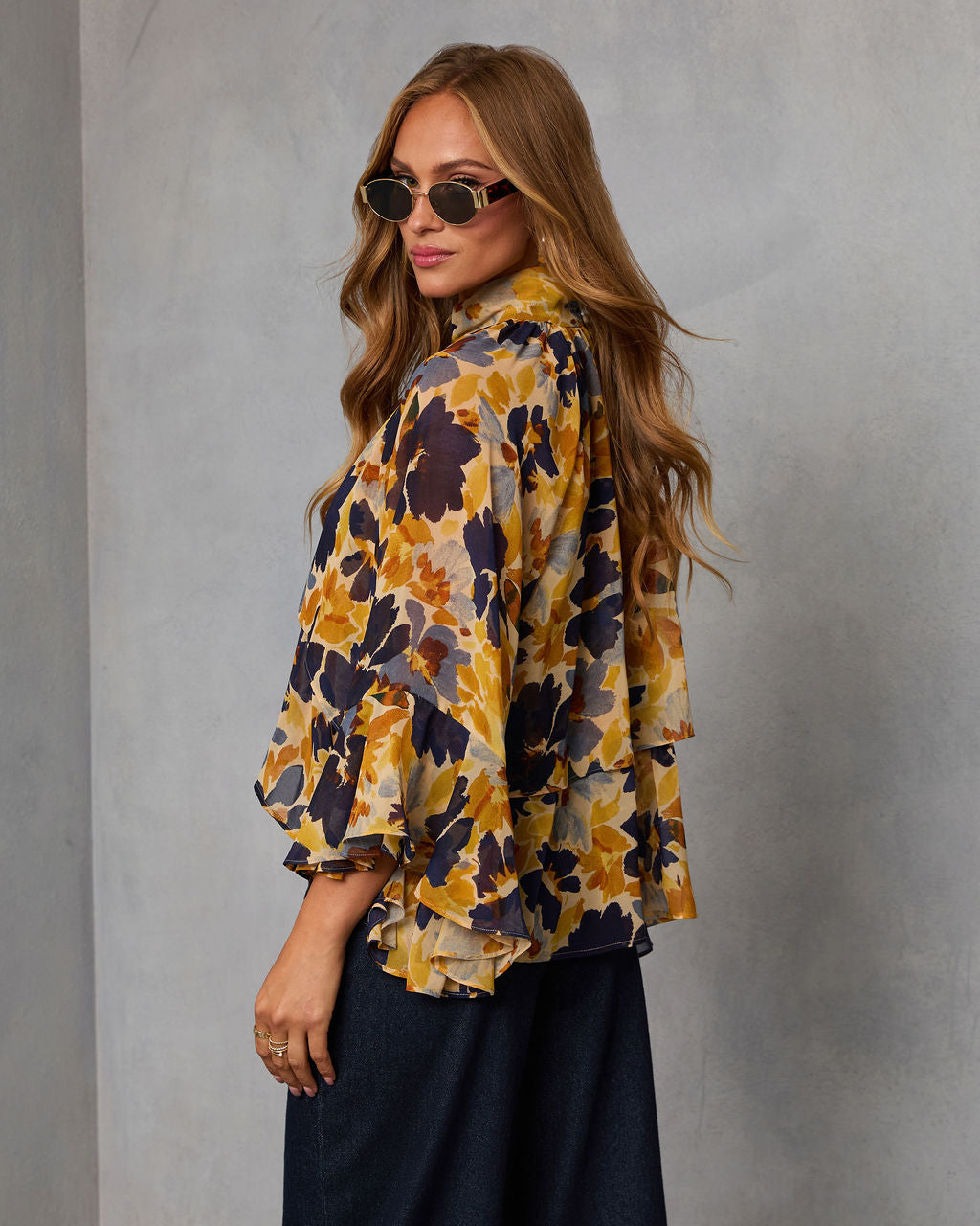 Wildflower Whimsy Printed Mock Neck Top-Vogue Logic