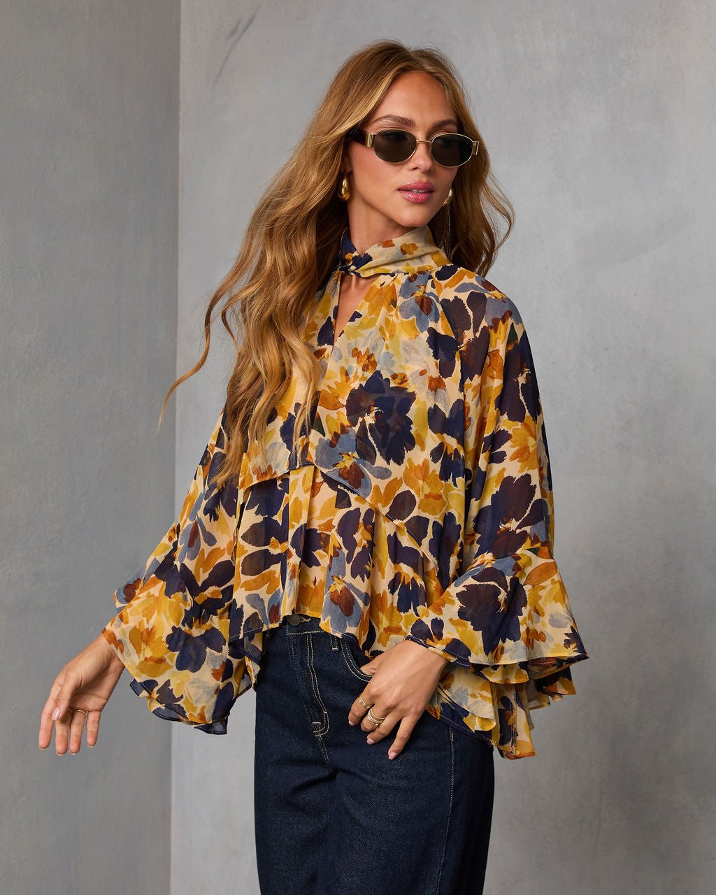 Wildflower Whimsy Printed Mock Neck Top-Vogue Logic